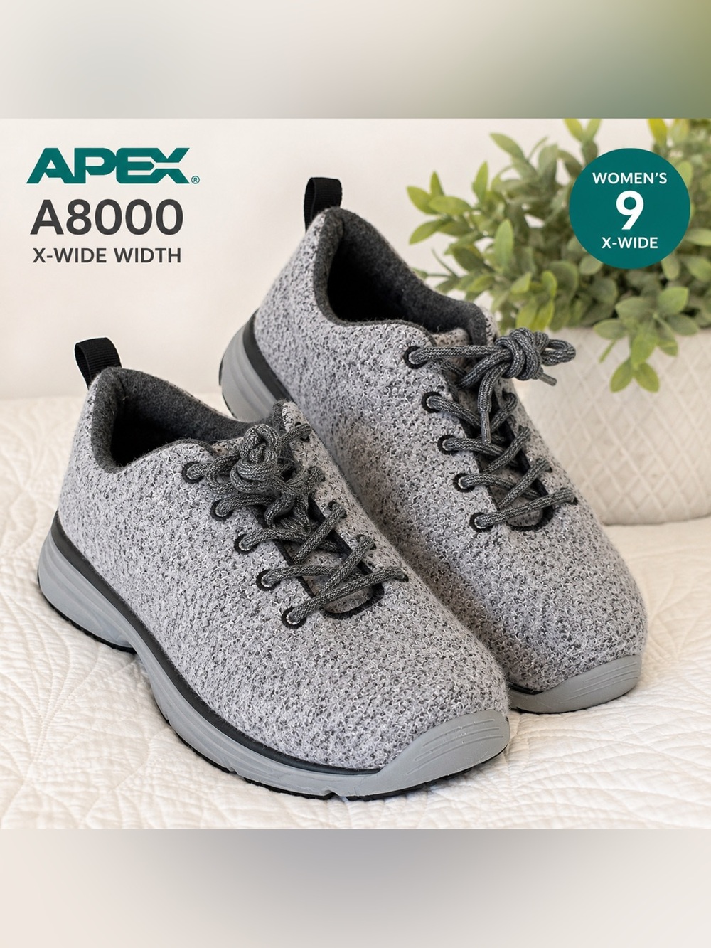 Apex A8000 Wool Knit Walking Shoes Gray Women’s 9 X-Wide Orthopedic Comfort